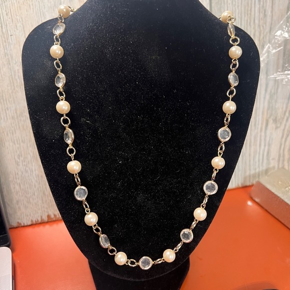 Two Sisters Jewelry - Vintage Two Sisters Bezeled Long Crystal Faux Pearl  Necklace 24"
